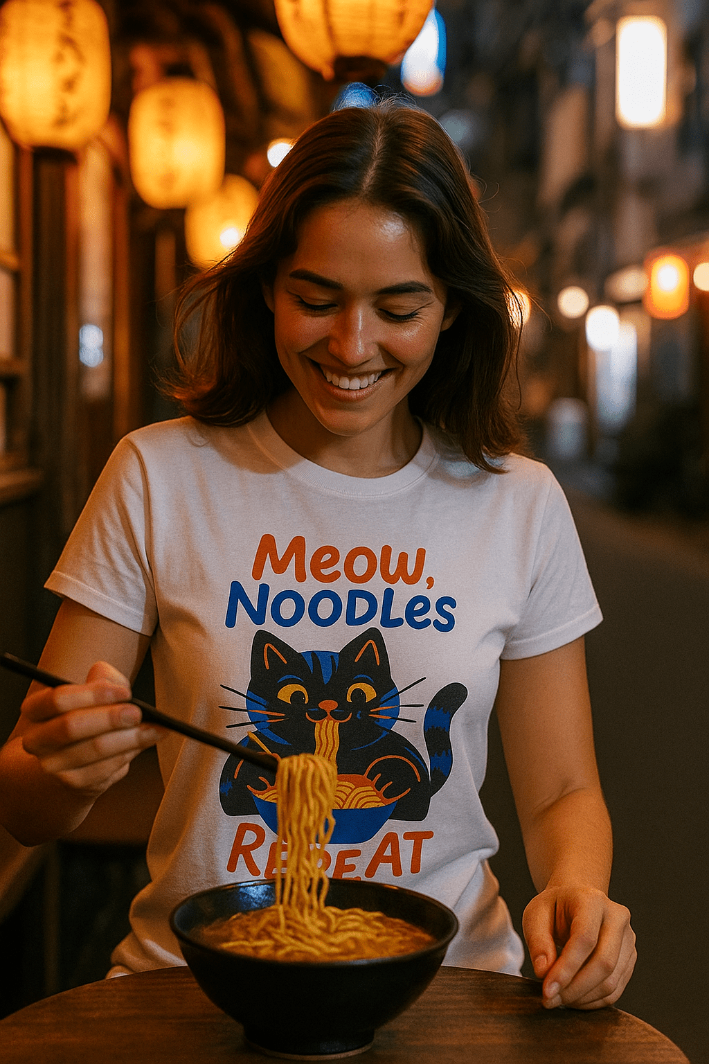 Meow, Noodles, Repeat™ Tee – Kawaii Cat Foodie Shirt - Cocolychee