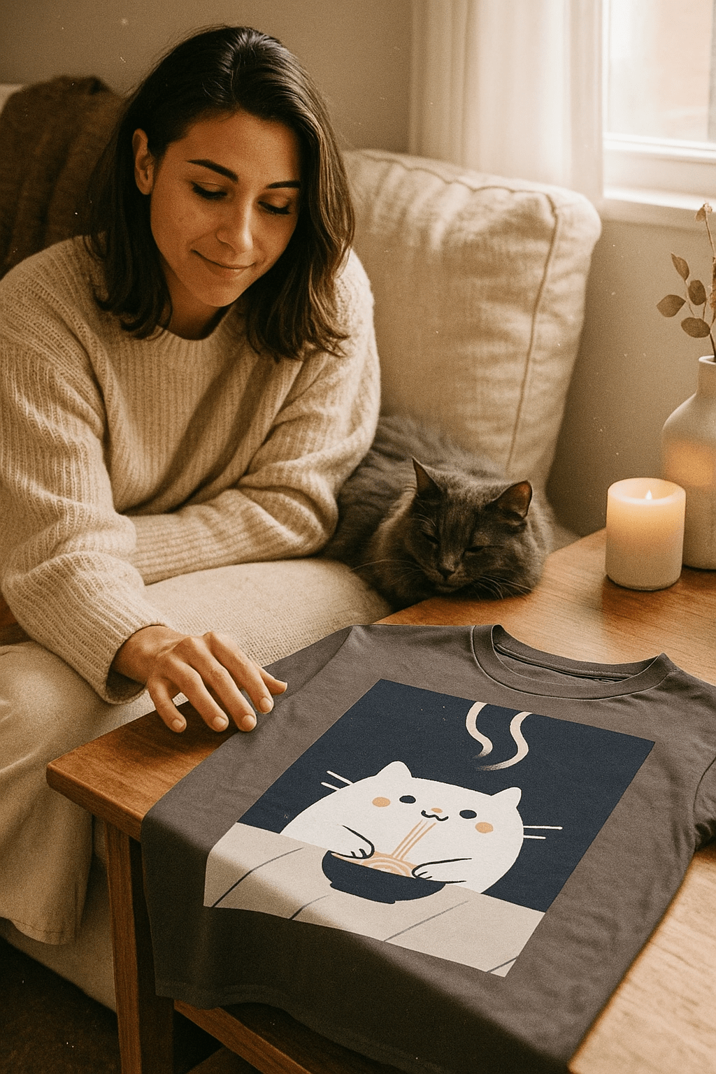 Midnight Slurp™ Tee – Night Ramen Vibes Kawaii Cat Shirt - Cocolychee