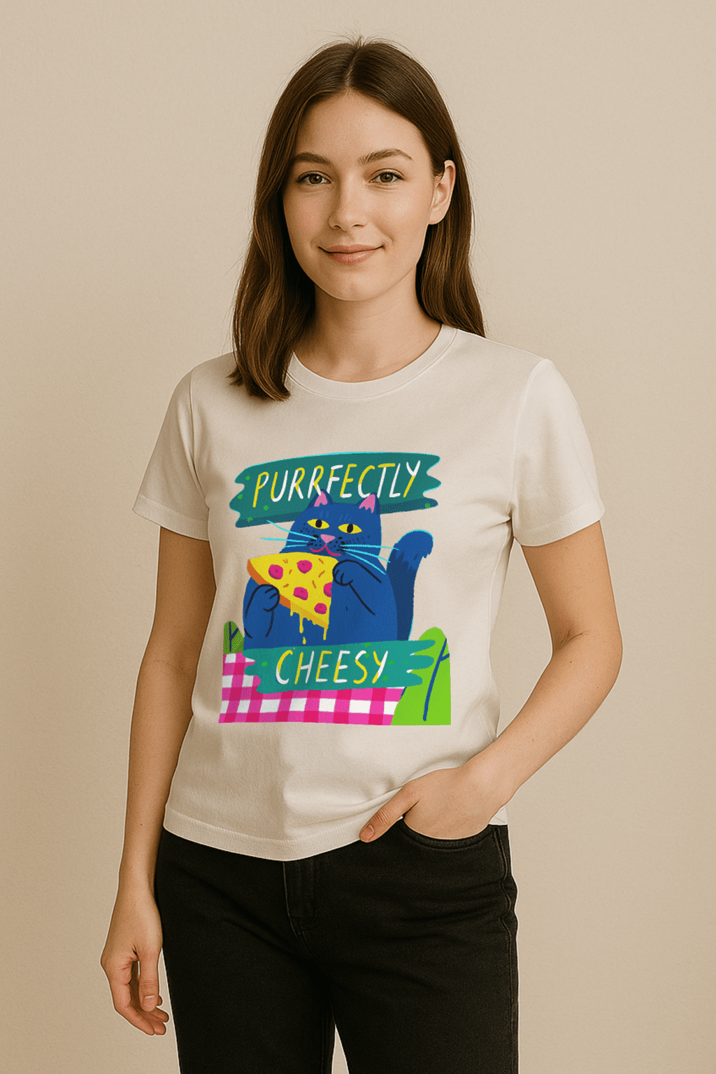 Purrfectly Cheesy™ Cat & Pizza Graphic Tee - Cocolychee