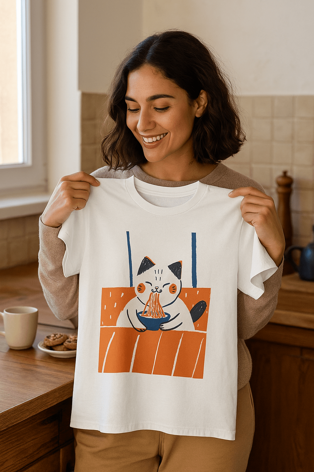 Window Ramen Kitty™ Tee – Chalk Style Japan Cat Design - Cocolychee