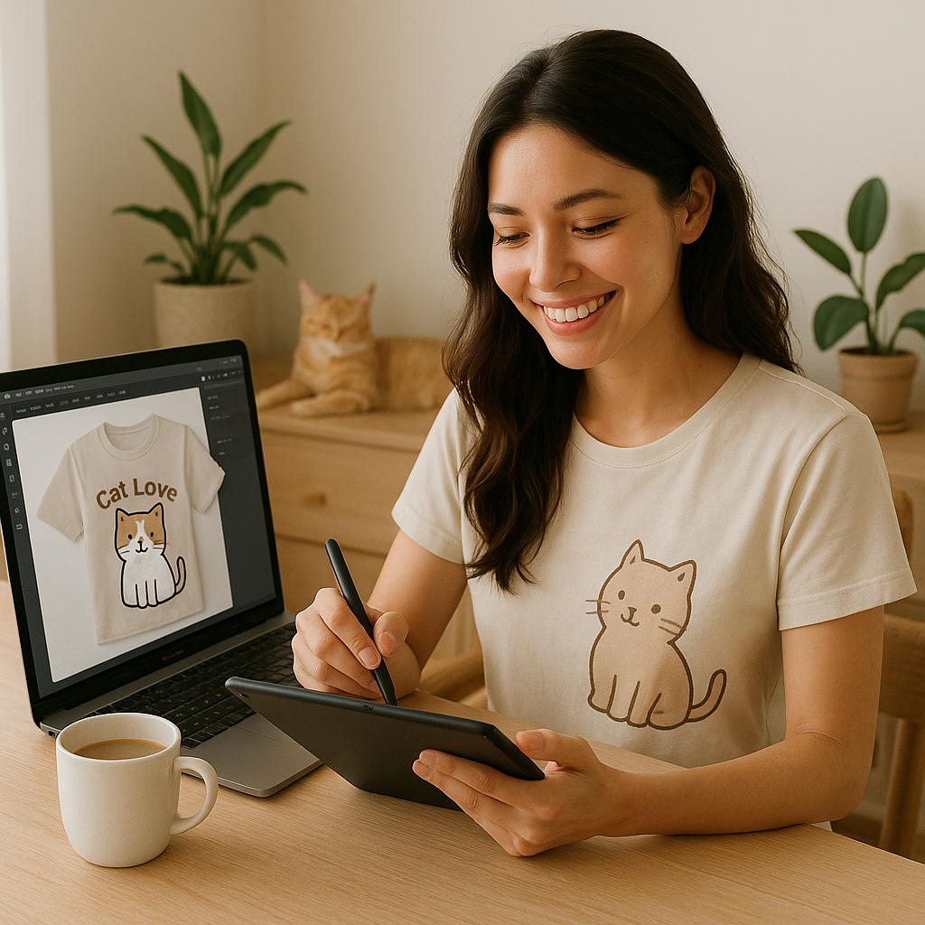Female model wearing personalized cat ear tee