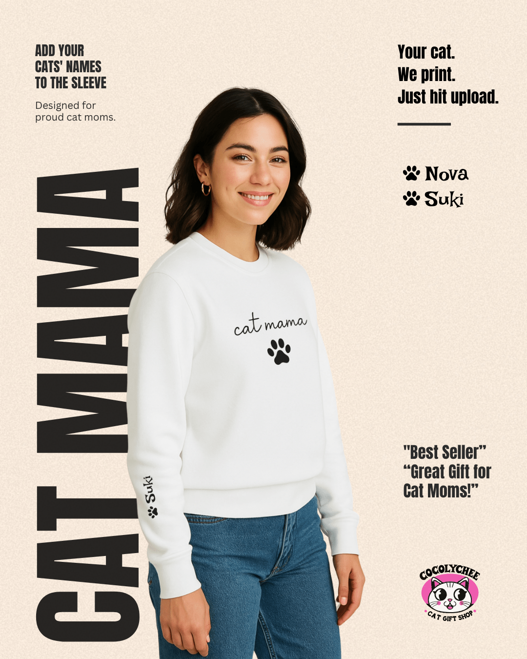 Cat Mama Personalized Sweatshirt – Custom Pet Names on Sleeves - Cocolychee