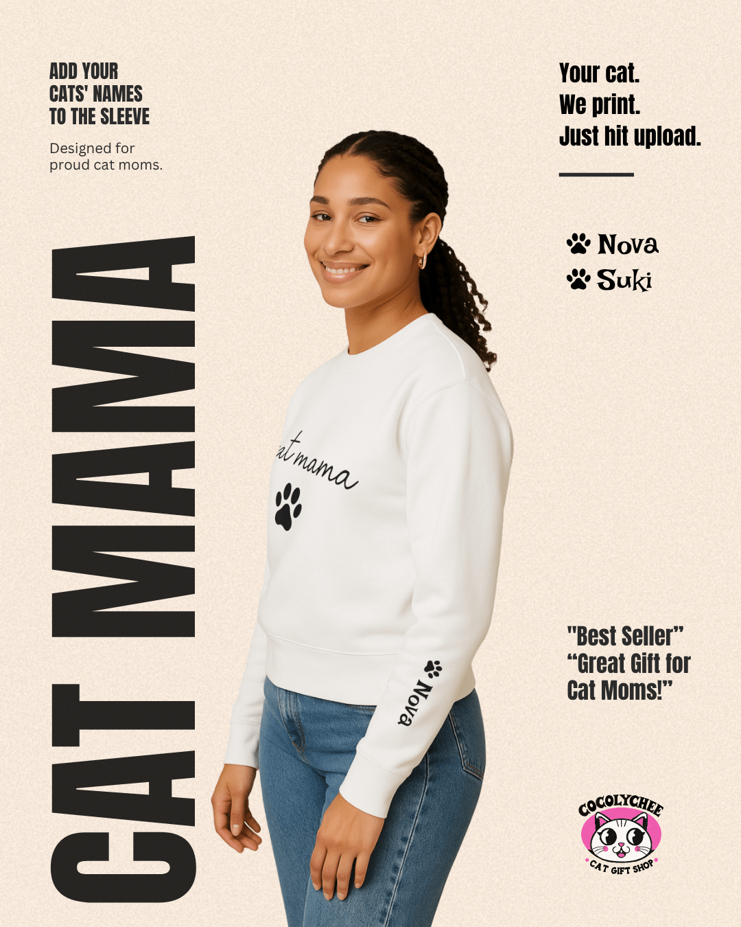 Cat Mama Personalized Sweatshirt – Custom Pet Names on Sleeves - Cocolychee
