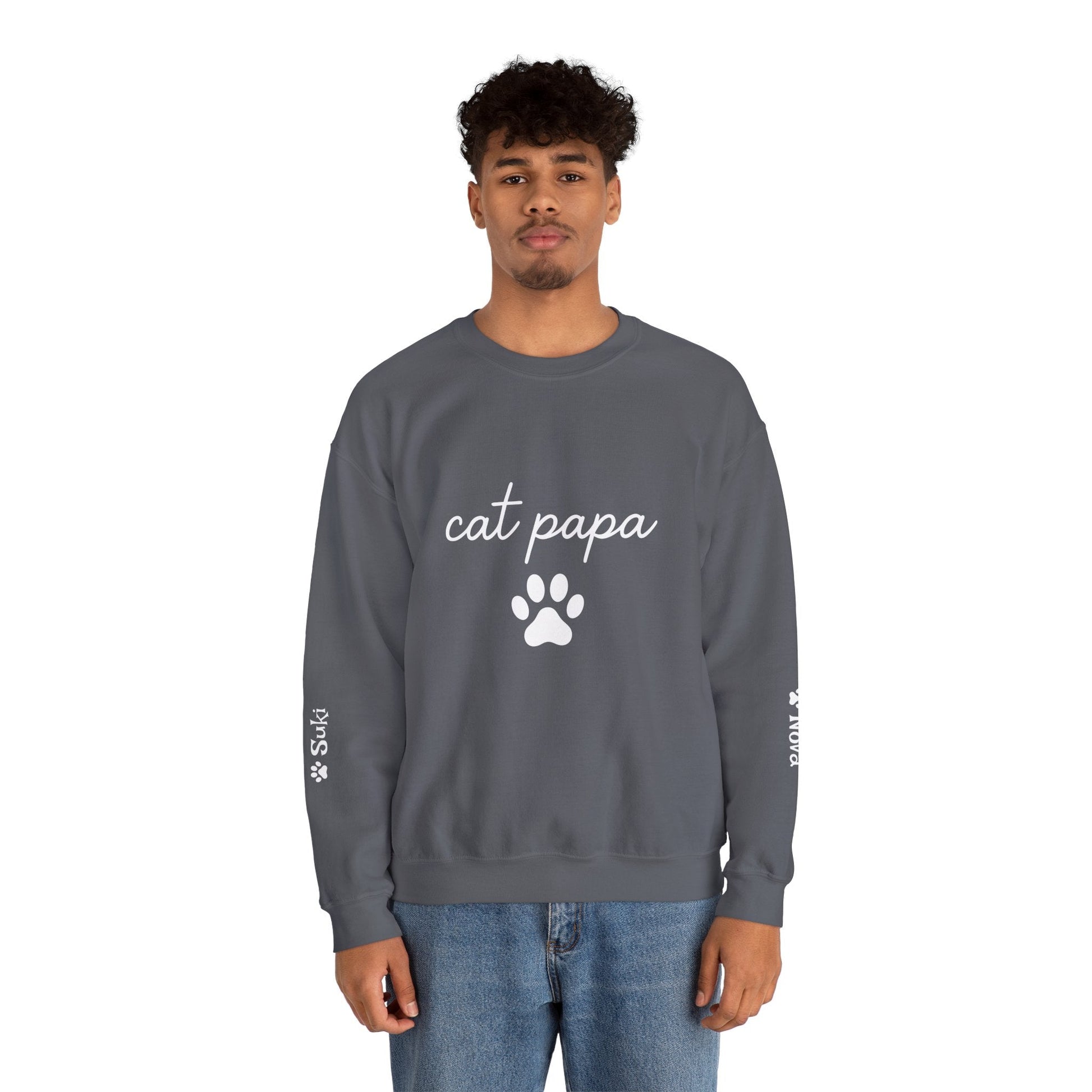 Cat Papa Personalized Sweatshirt – Custom Pet Names on Sleeves - Cocolychee
