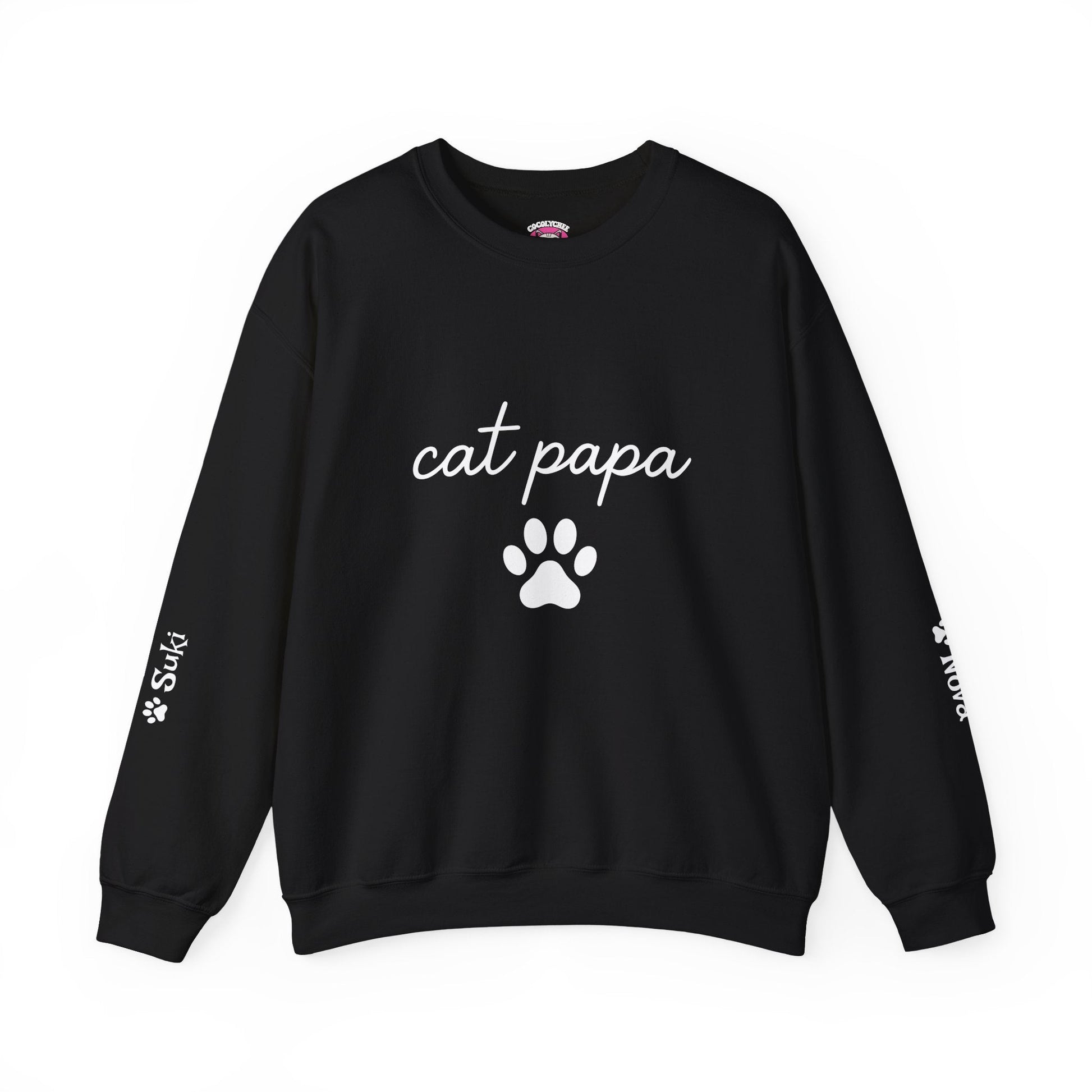 Cat Papa Personalized Sweatshirt – Custom Pet Names on Sleeves - Cocolychee