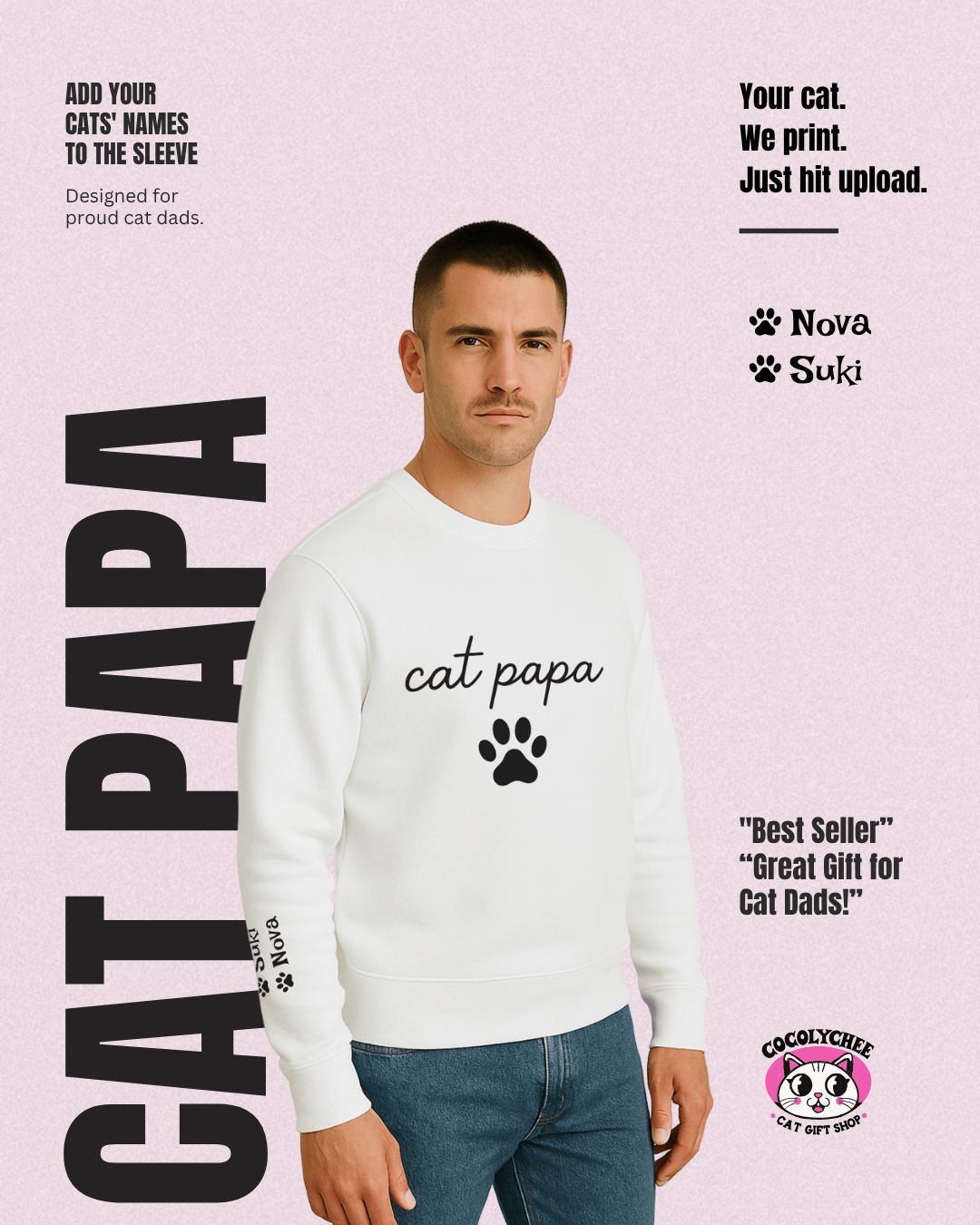 Cat Papa Personalized Sweatshirt – Custom Pet Names on Sleeves - Cocolychee