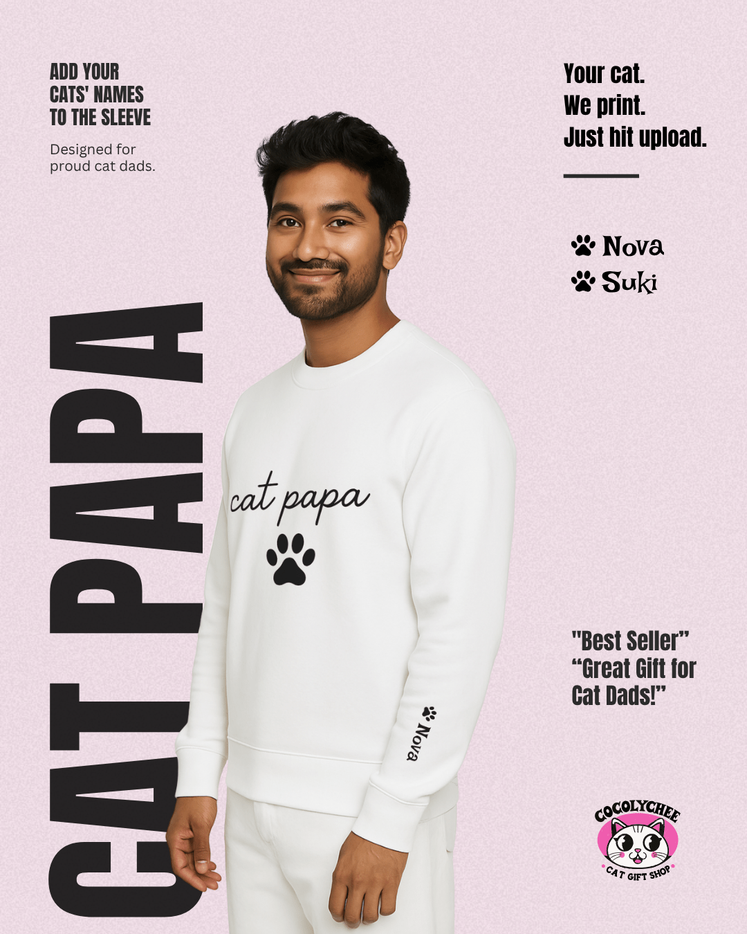Cat Papa Personalized Sweatshirt – Custom Pet Names on Sleeves - Cocolychee