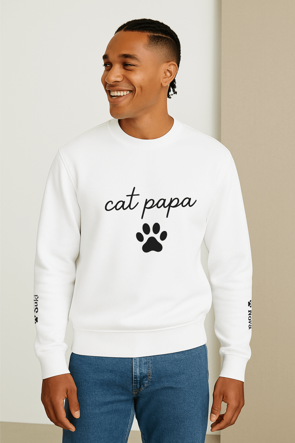 Cat Papa Personalized Sweatshirt – Custom Pet Names on Sleeves - Cocolychee
