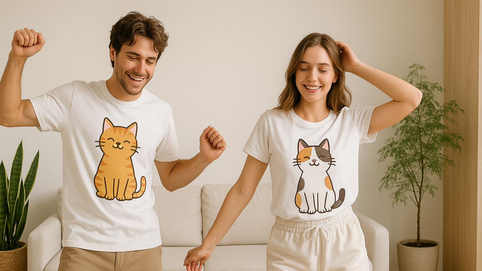 Homepage banner with male and female models in cat lover t-shirts
