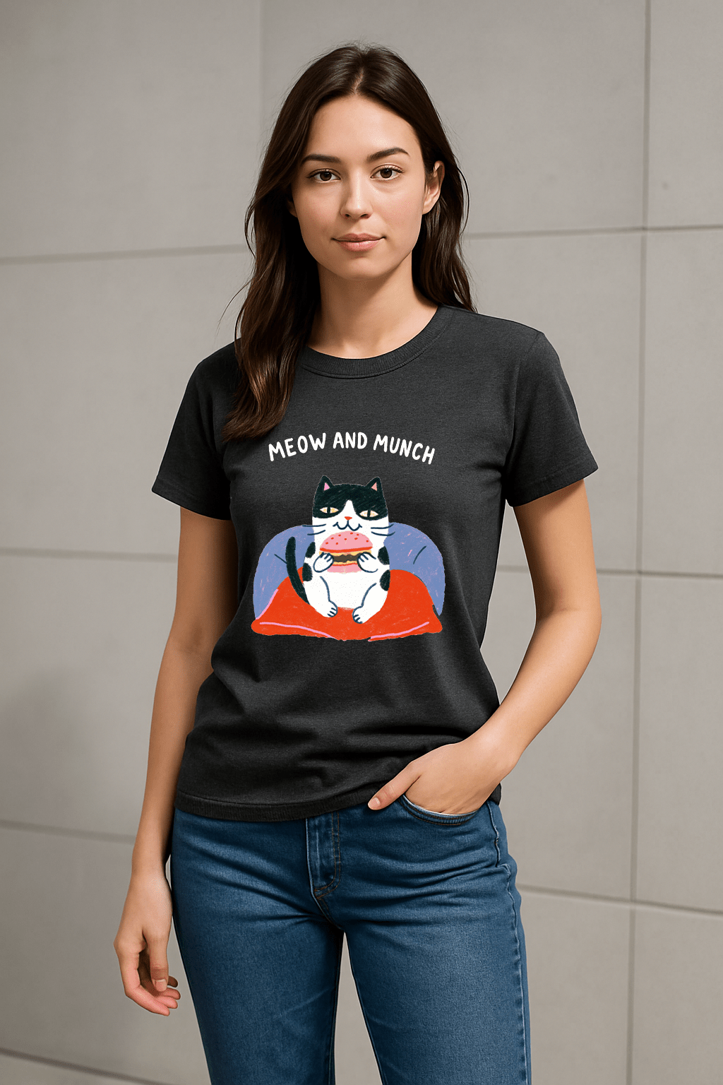 Meow & Munch™ Charcoal Edition Cat & Burger Graphic Tee - Cocolychee