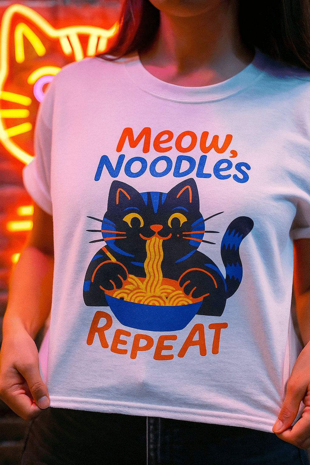 Meow, Noodles, Repeat™ Tee – Kawaii Cat Foodie Shirt - Cocolychee