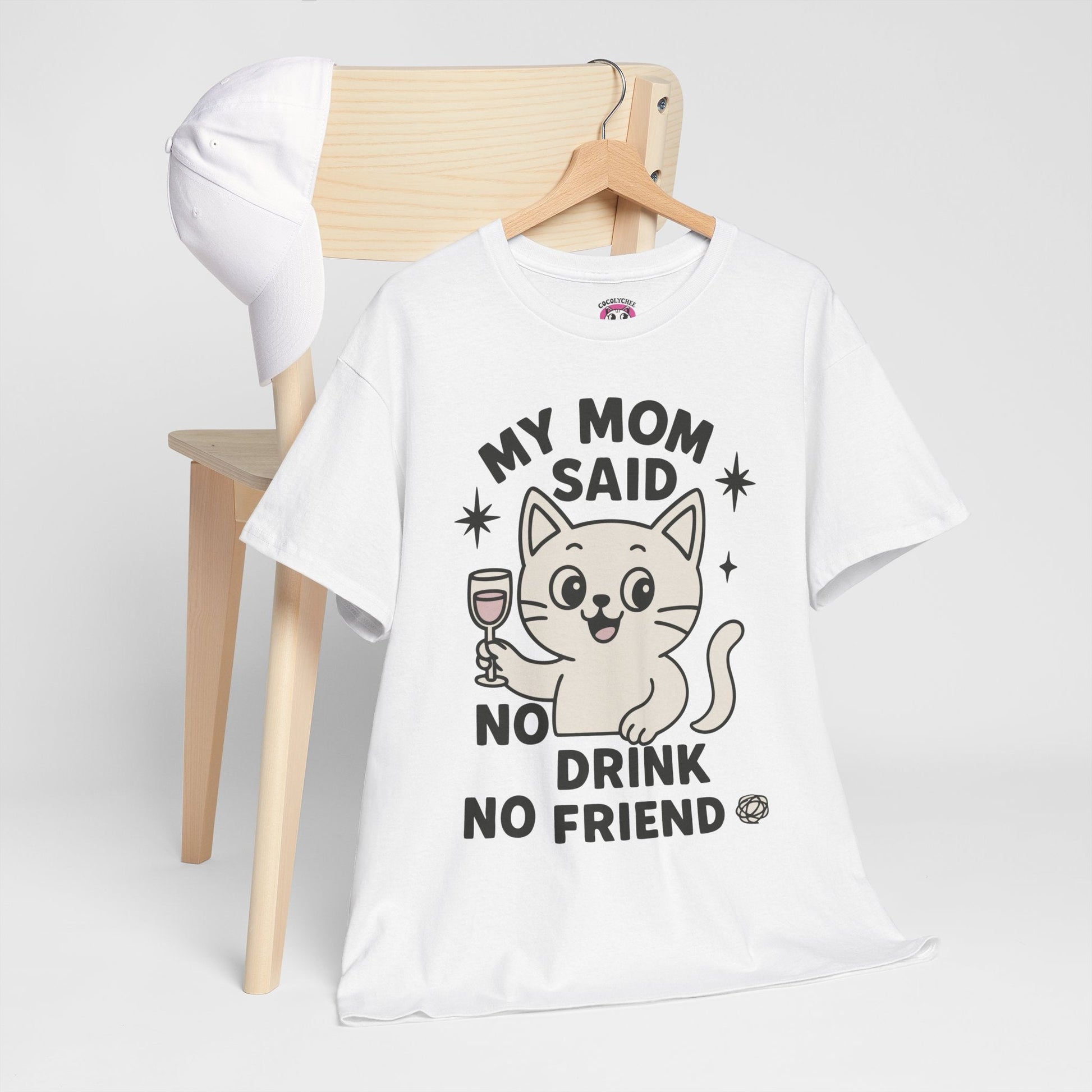 No Drink No Friend – Cute Cat Wine Tee - Cocolychee