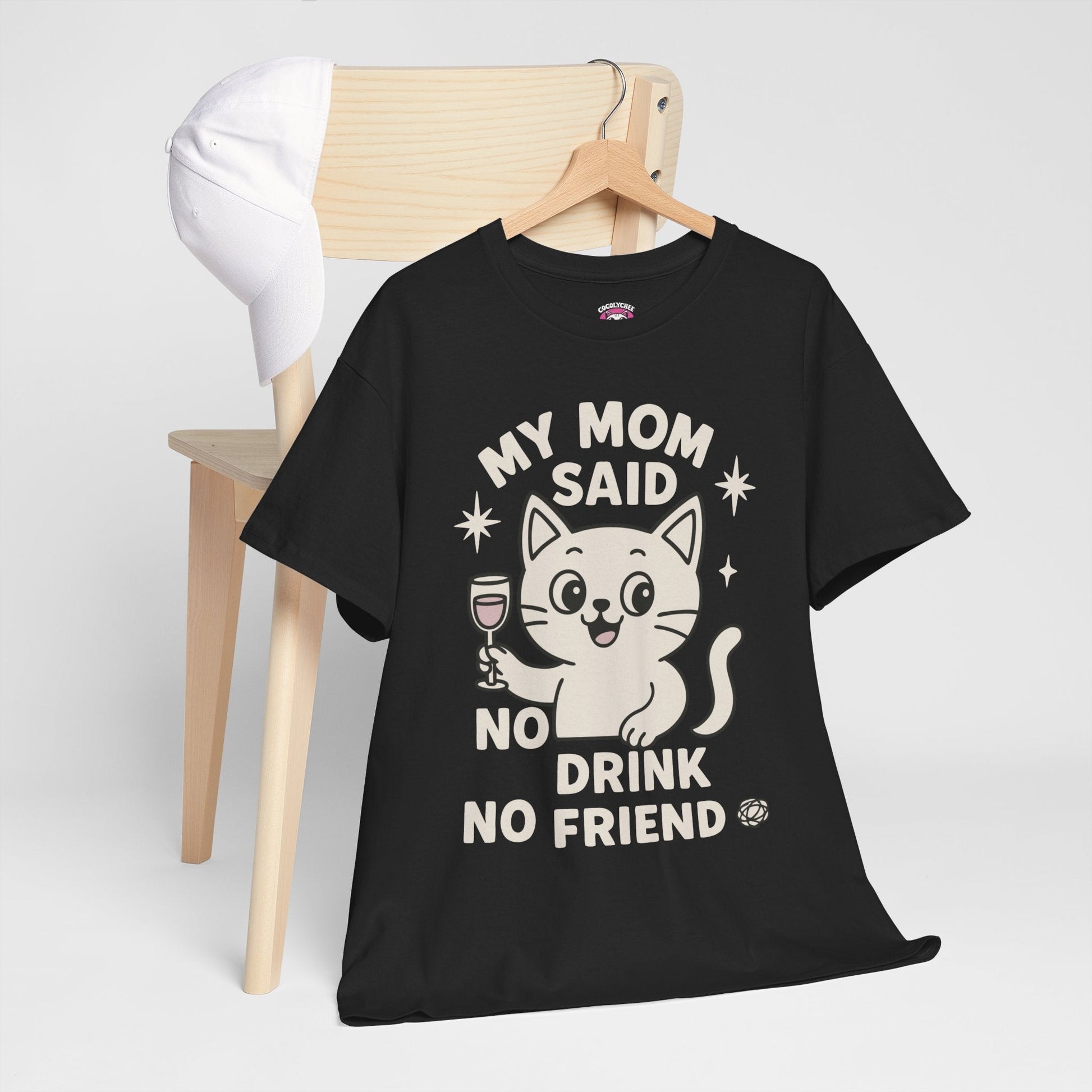 No Drink No Friend – Cute Cat Wine Tee - Cocolychee