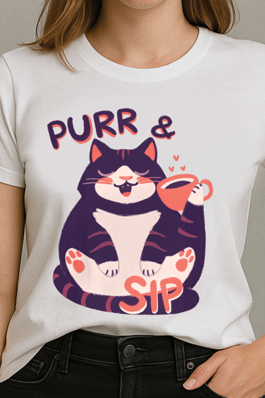 Purr & Sip™ Color Edition Cat & Coffee Graphic Tee - Cocolychee