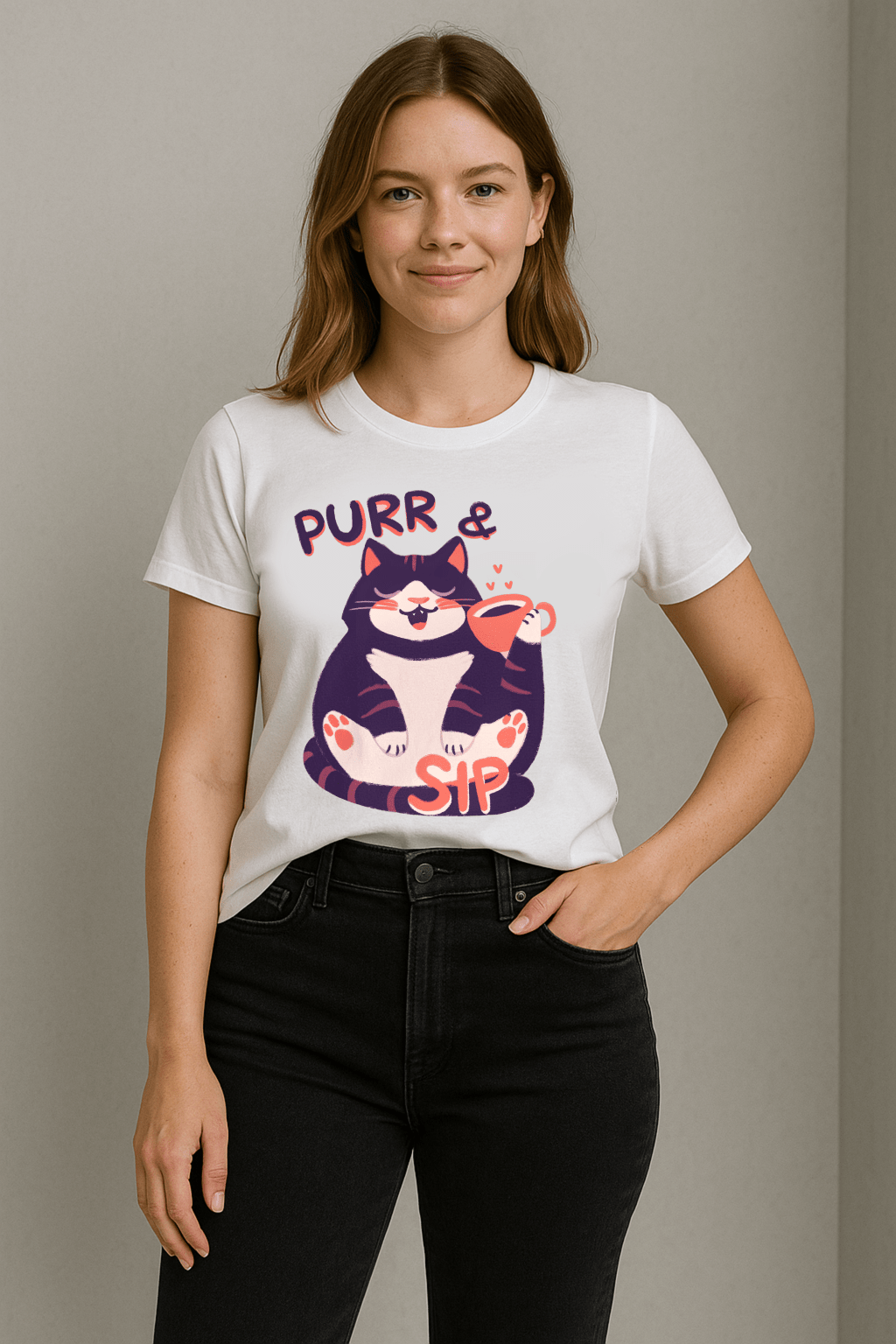 Purr & Sip™ Color Edition Cat & Coffee Graphic Tee - Cocolychee