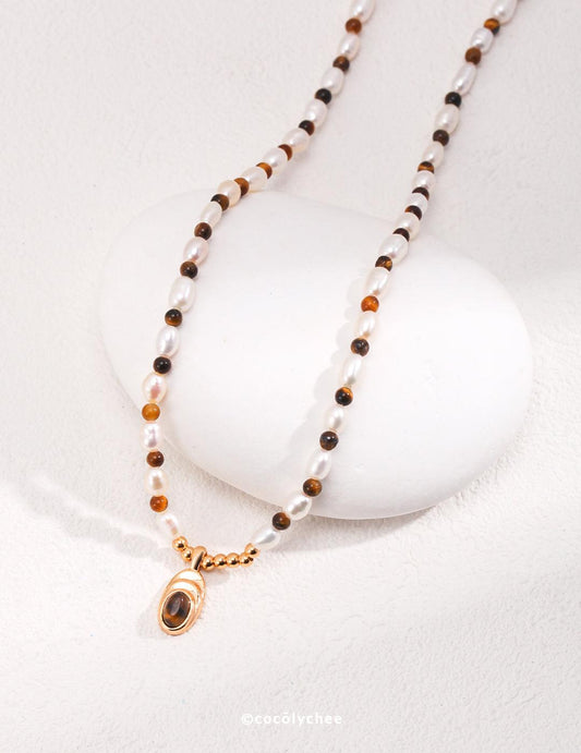 Caramel Pearl & Tiger's Eye Necklace - Cocolychee