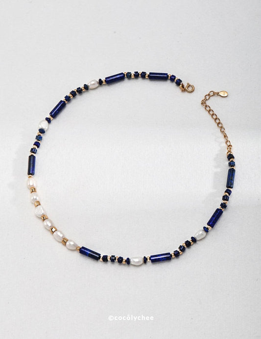 Androgynous Charm: Lapis Lazuli and Pearl Necklace - Cocolychee