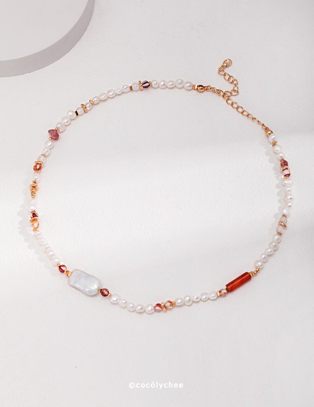 Pearl and Strawberry Quartz Necklace - Cocolychee