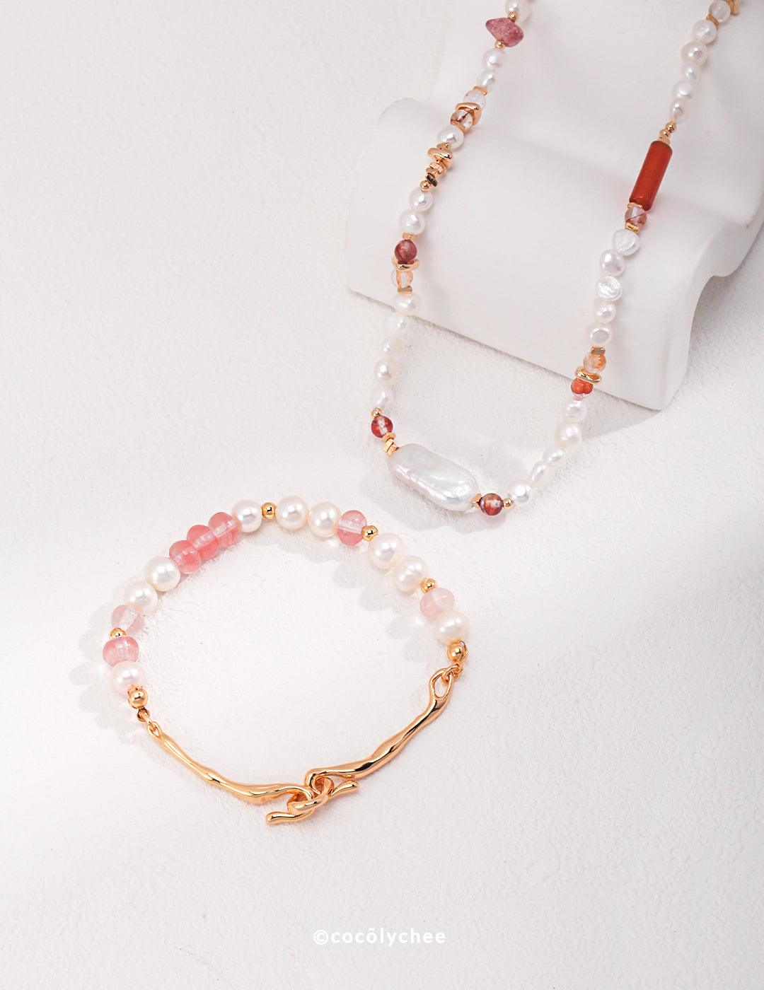 Pearl and Strawberry Quartz Necklace - Cocolychee