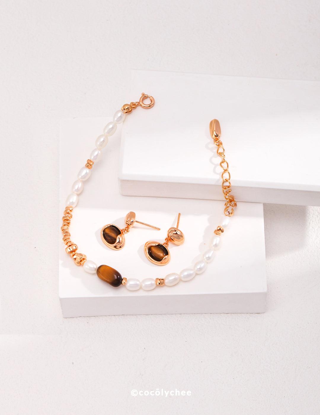 Adjustable Pearl and Tiger's Eye Bracelet - Cocolychee