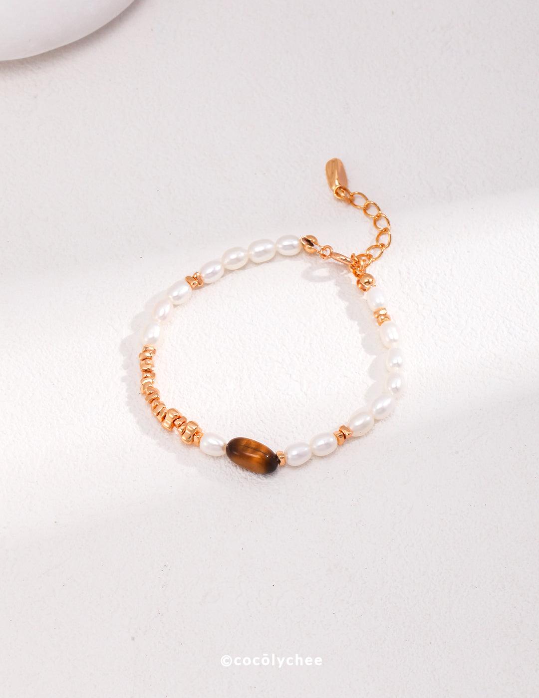 Adjustable Pearl and Tiger's Eye Bracelet - Cocolychee