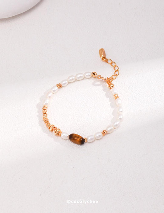 Adjustable Pearl and Tiger's Eye Bracelet - Cocolychee