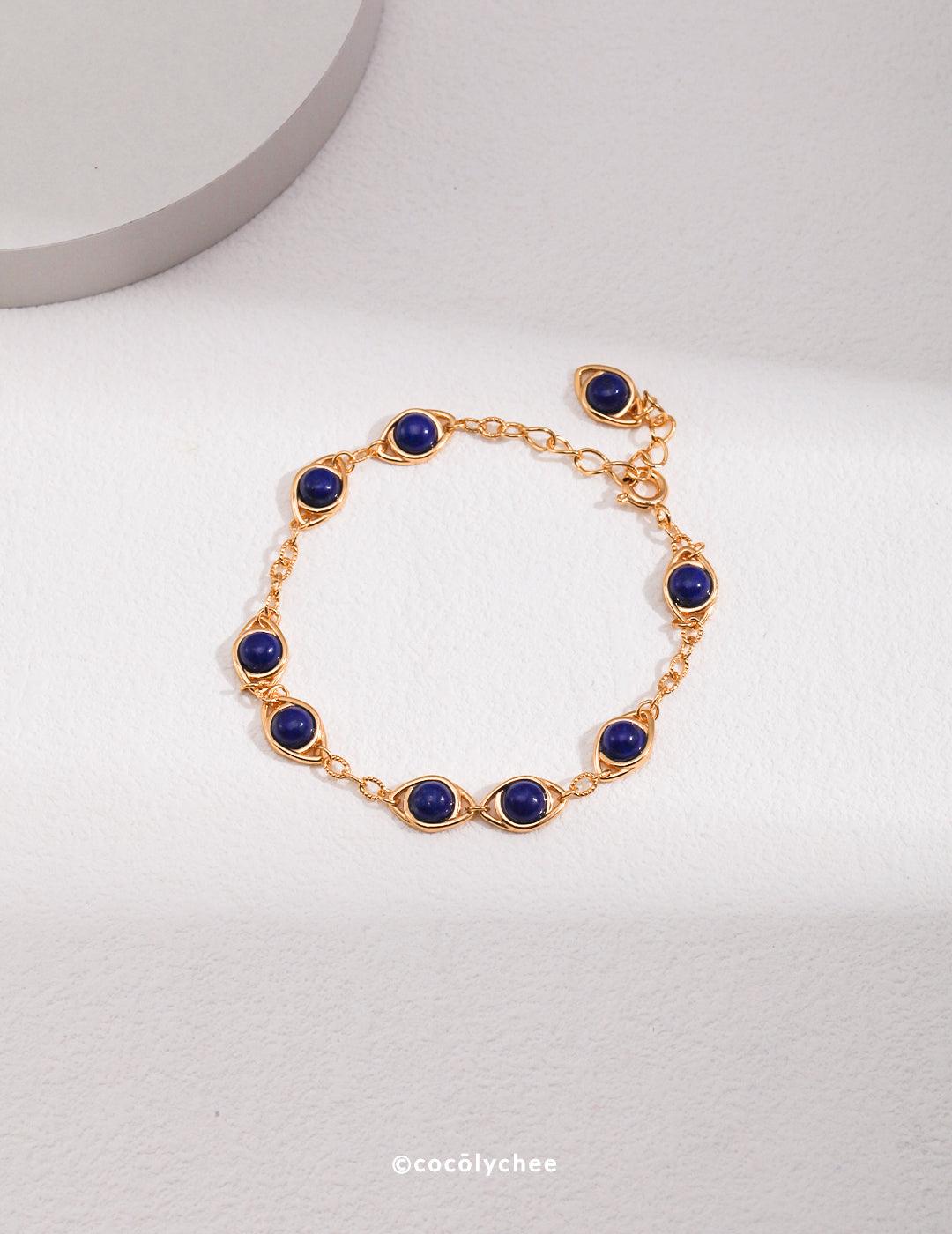 Horus Eye Sterling Silver Bracelet with Lapis Lazuli and Tiger's Eye - Cocolychee