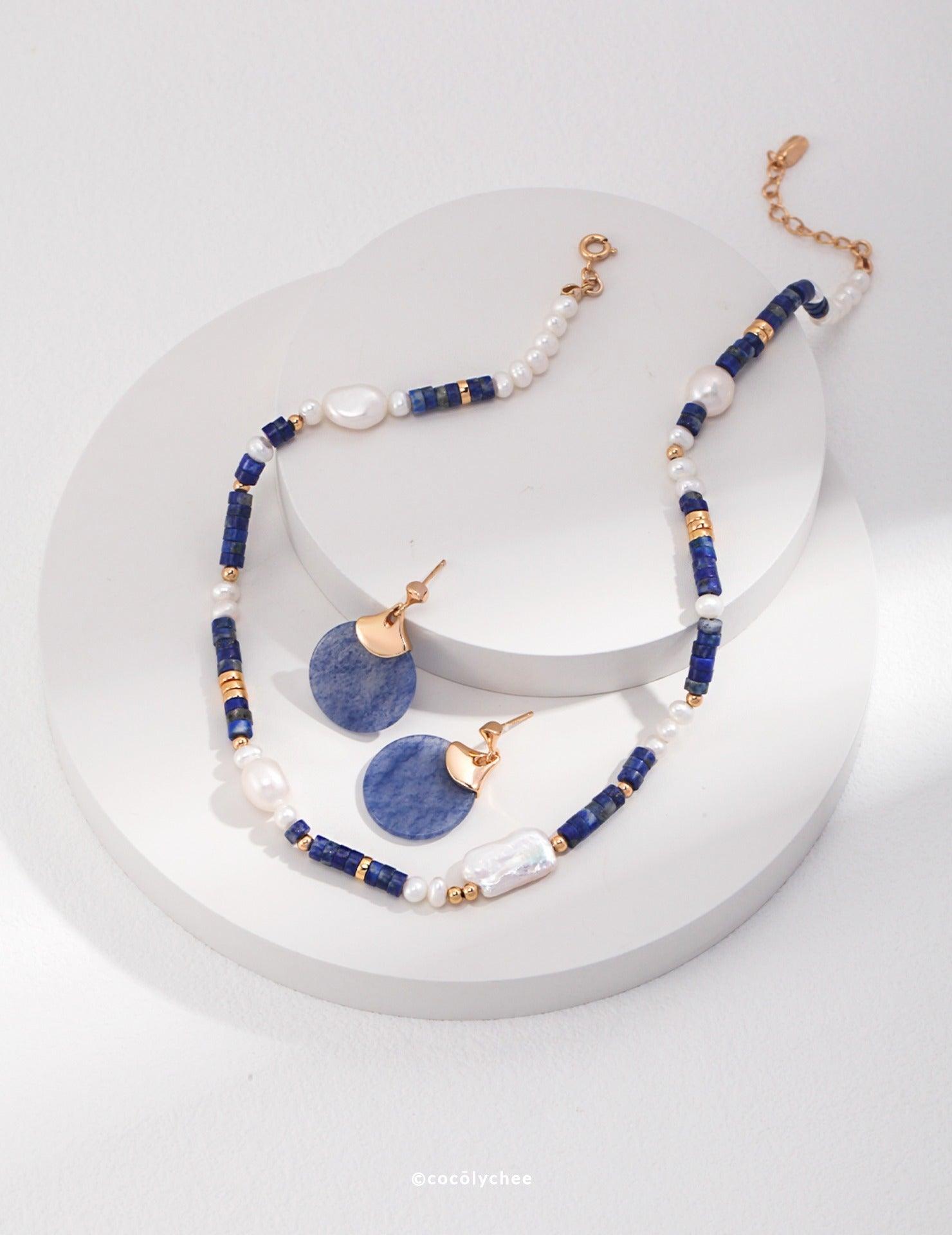 Lapis Lazuli & Pearl Necklace Bracelet Set - Cocolychee