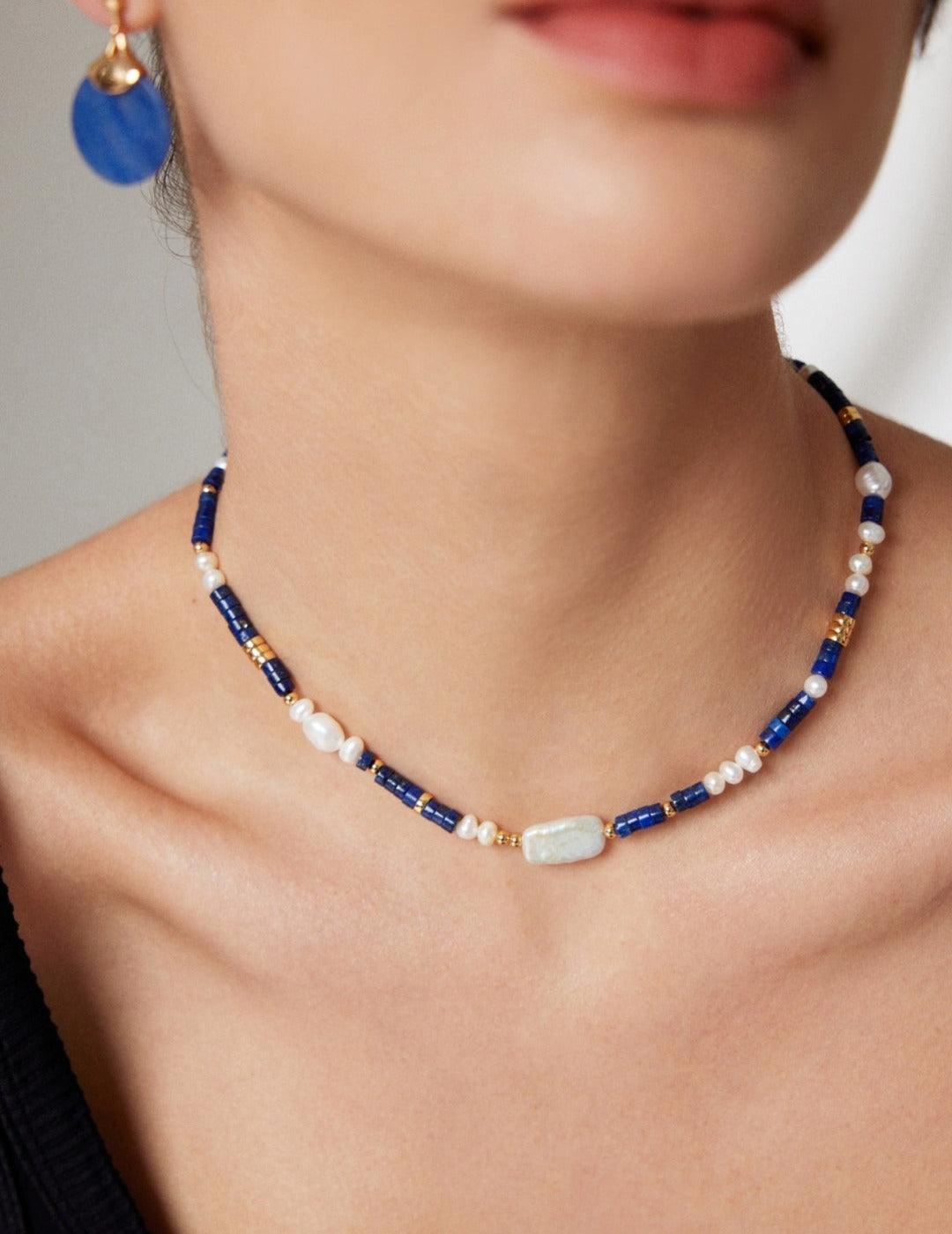 Lapis Lazuli & Pearl Necklace Bracelet Set - Cocolychee