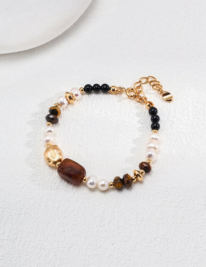 Bracelet with Pearls, Tiger's Eye & Onyx - Cocolychee